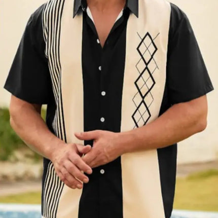 Men's Striped Color Block Casual Lapel Short Sleeve Shirt