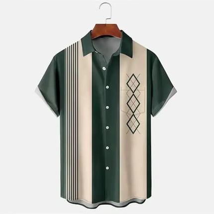 Men's Striped Color Block Casual Lapel Short Sleeve Shirt