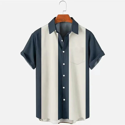 Men's Striped Color Block Casual Lapel Short Sleeve Shirt