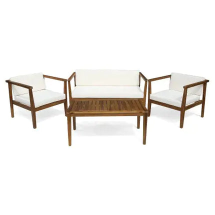 Outdoor 4-Seater Acacia Wood Chat Set With Coffee Table With Cushions, Teak And Beige