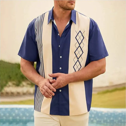 Men's Striped Color Block Casual Lapel Short Sleeve Shirt