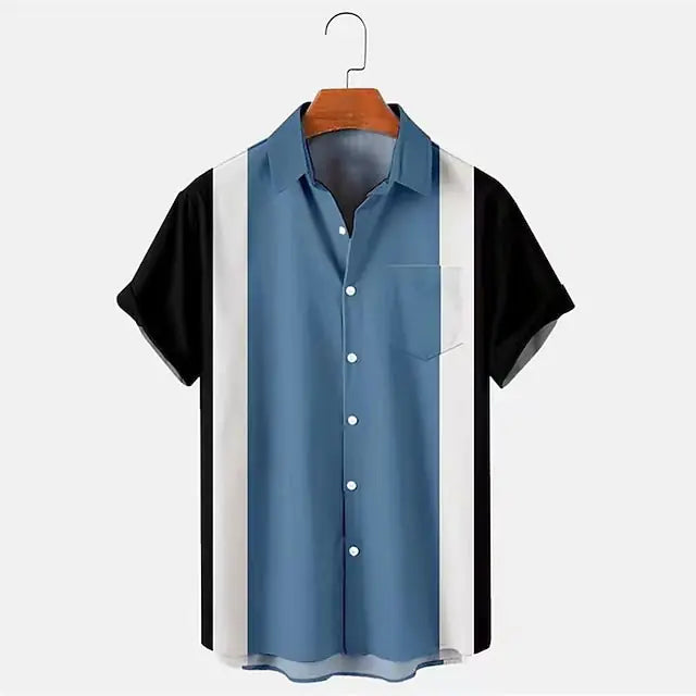 Men's Striped Color Block Casual Lapel Short Sleeve Shirt