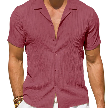 DEMEANOR Textured Linen Shirts for Men Short Sleeve Linen Shirt Casual Button Down Shirts Summer Beach Hawaiian Shirts Pink