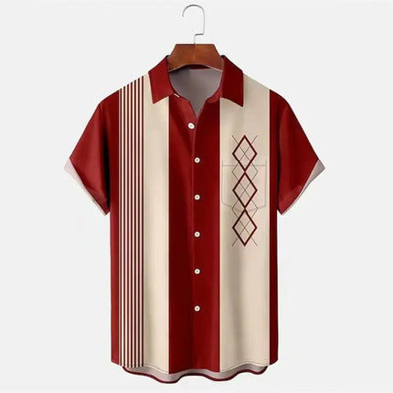 Men's Striped Color Block Casual Lapel Short Sleeve Shirt