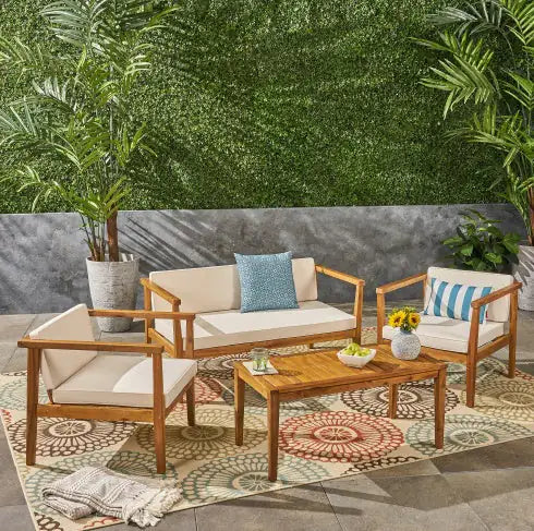 Outdoor 4-Seater Acacia Wood Chat Set With Coffee Table With Cushions, Teak And Beige
