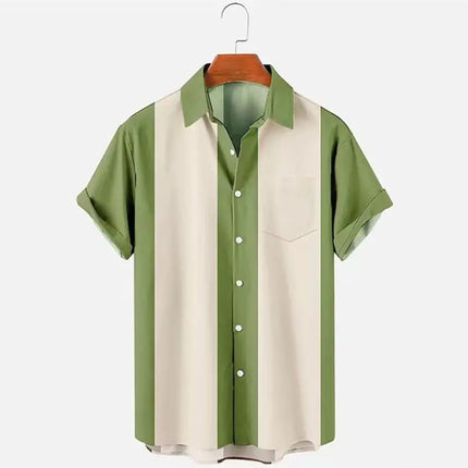 Men's Striped Color Block Casual Lapel Short Sleeve Shirt